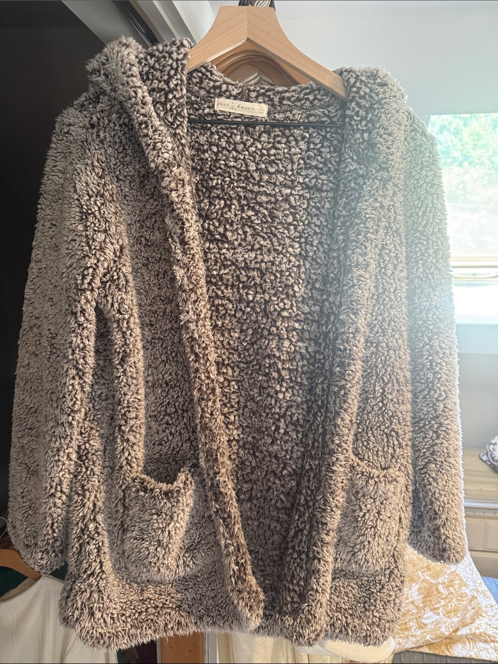 Plush Hooded Open-Front Cardigan Sweater - Taupe